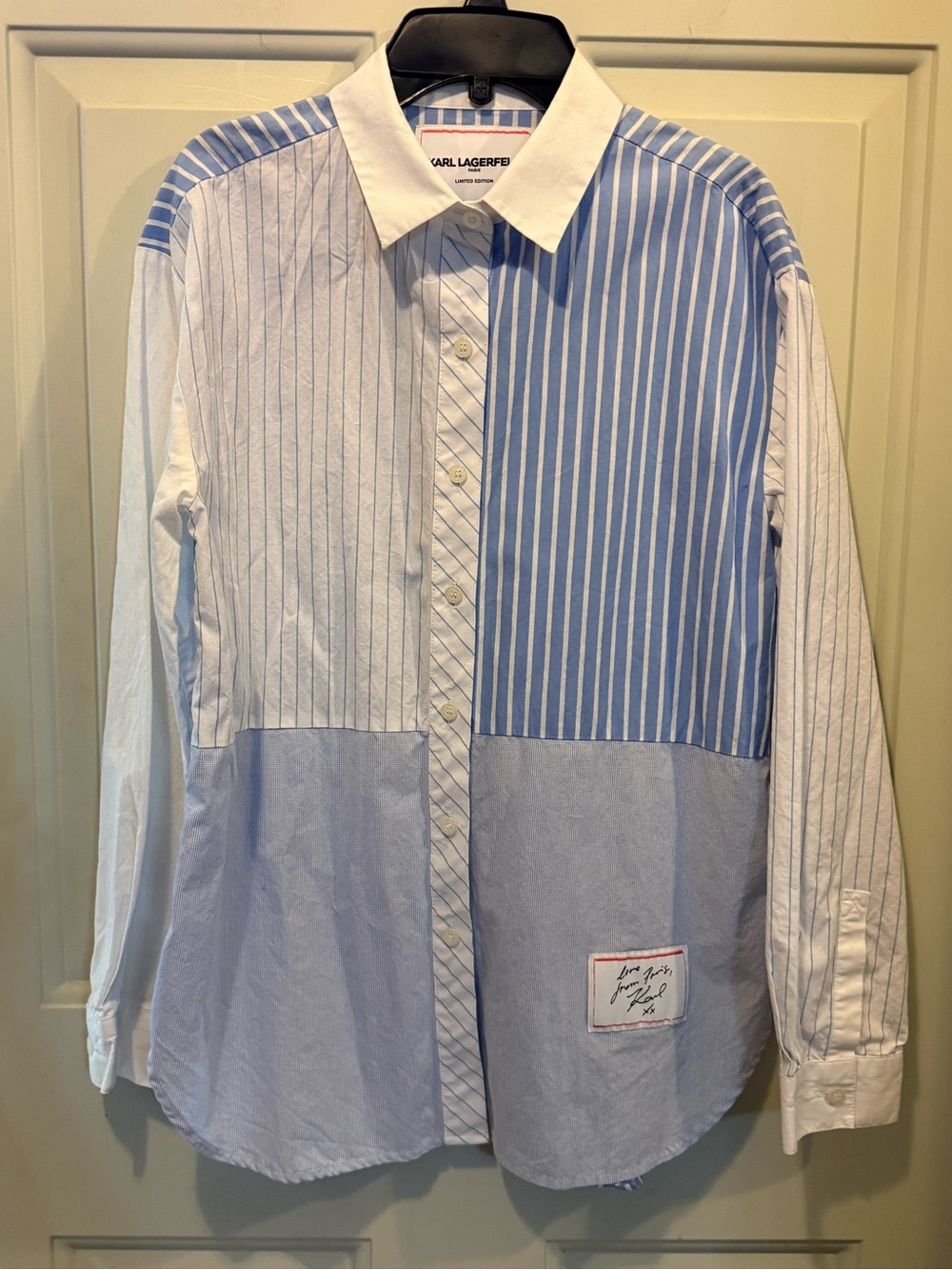 Karl Lagerfeld Blue & White Patchwork Stripe Cotton Shirt